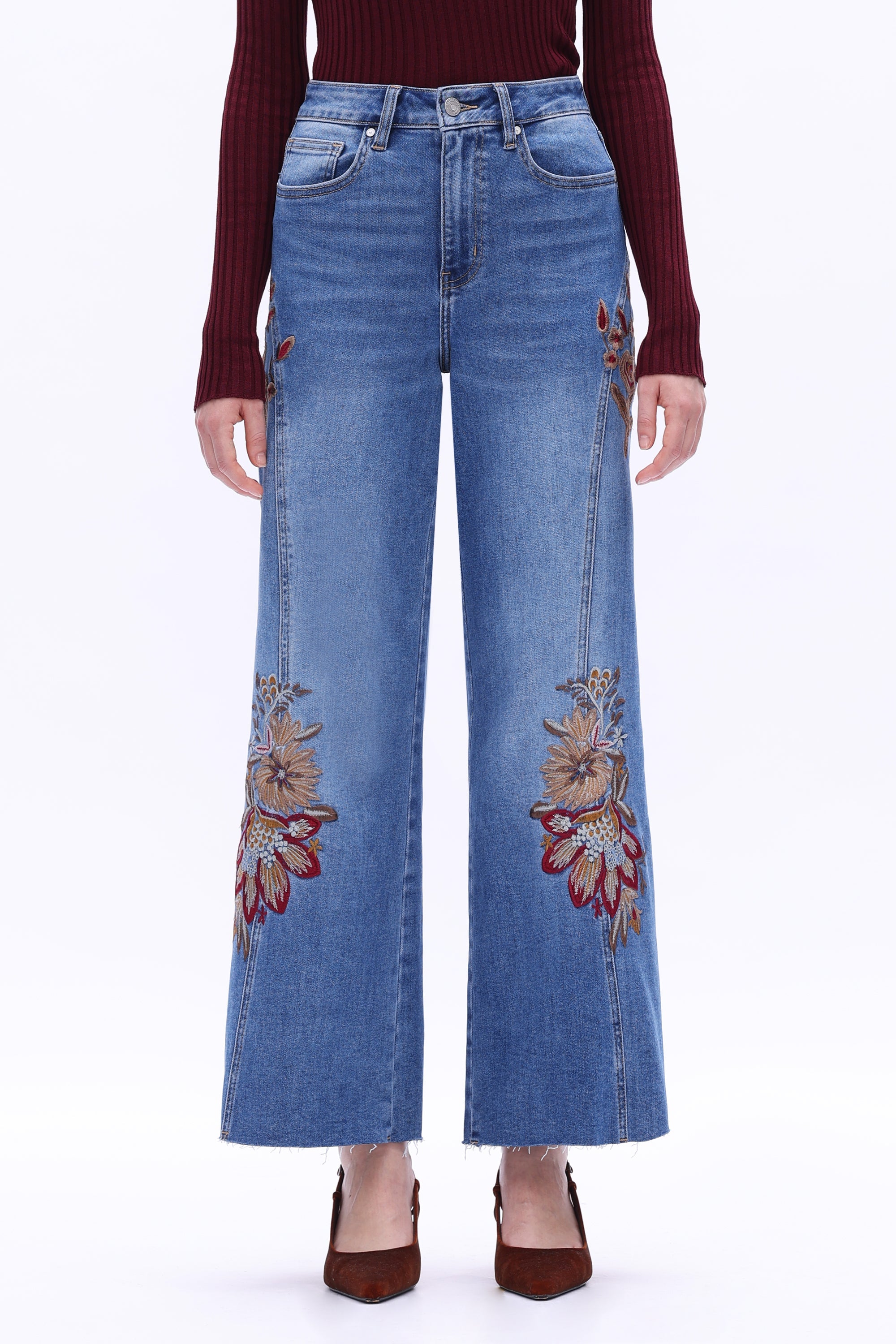 Bayeas High Rise Floral Embroidered Wide Leg Jeans in Medium Blue-Jeans-Bayeas-Deja Nu Boutique, Women's Fashion Boutique in Lampasas, Texas