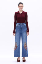 Bayeas High Rise Floral Embroidered Wide Leg Jeans in Medium Blue-Jeans-Bayeas-Deja Nu Boutique, Women's Fashion Boutique in Lampasas, Texas