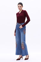 Bayeas High Rise Floral Embroidered Wide Leg Jeans in Medium Blue-Jeans-Bayeas-Deja Nu Boutique, Women's Fashion Boutique in Lampasas, Texas