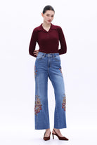 Bayeas High Rise Floral Embroidered Wide Leg Jeans in Medium Blue-Jeans-Bayeas-Deja Nu Boutique, Women's Fashion Boutique in Lampasas, Texas