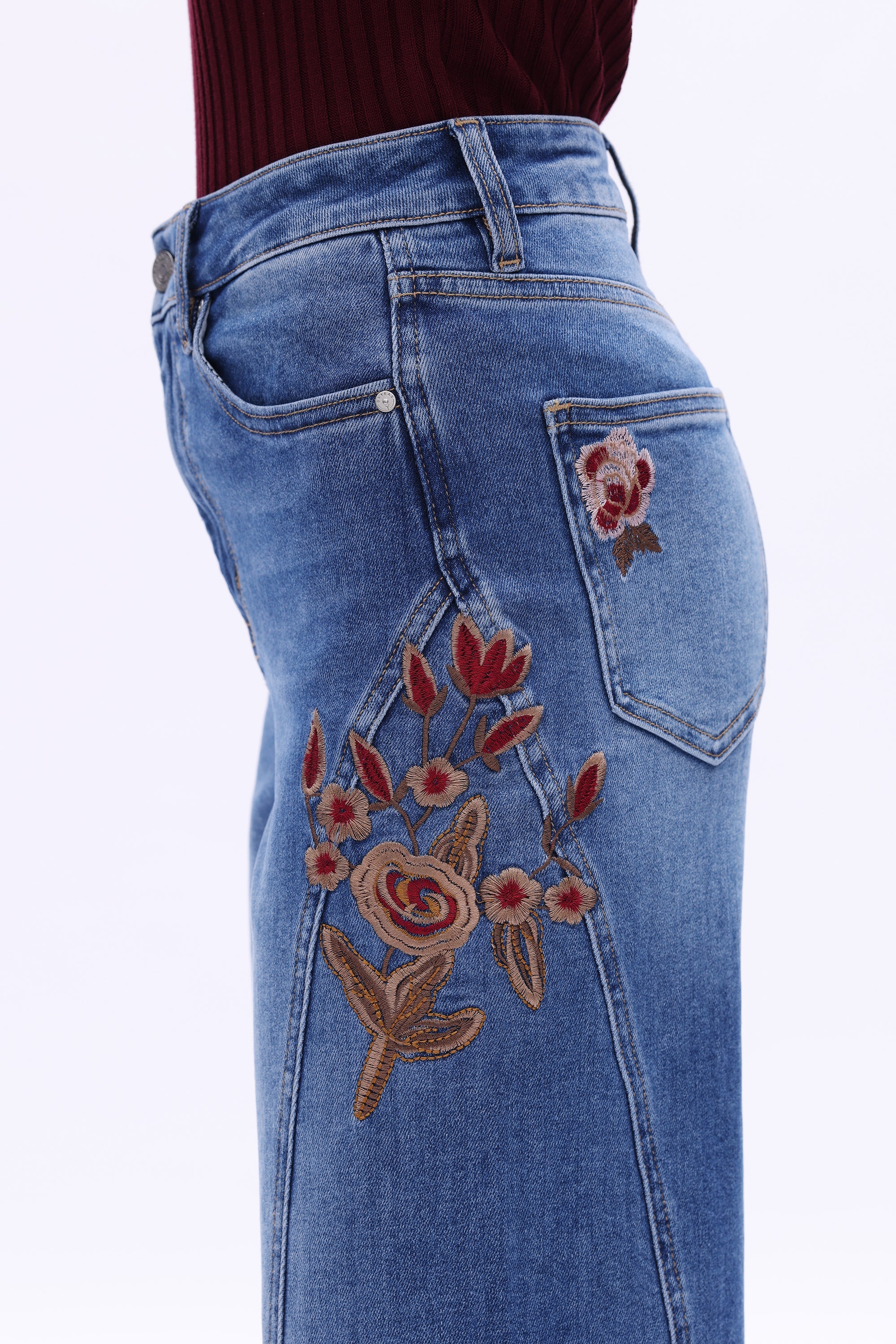 Bayeas High Rise Floral Embroidered Wide Leg Jeans in Medium Blue-Jeans-Bayeas-Deja Nu Boutique, Women's Fashion Boutique in Lampasas, Texas