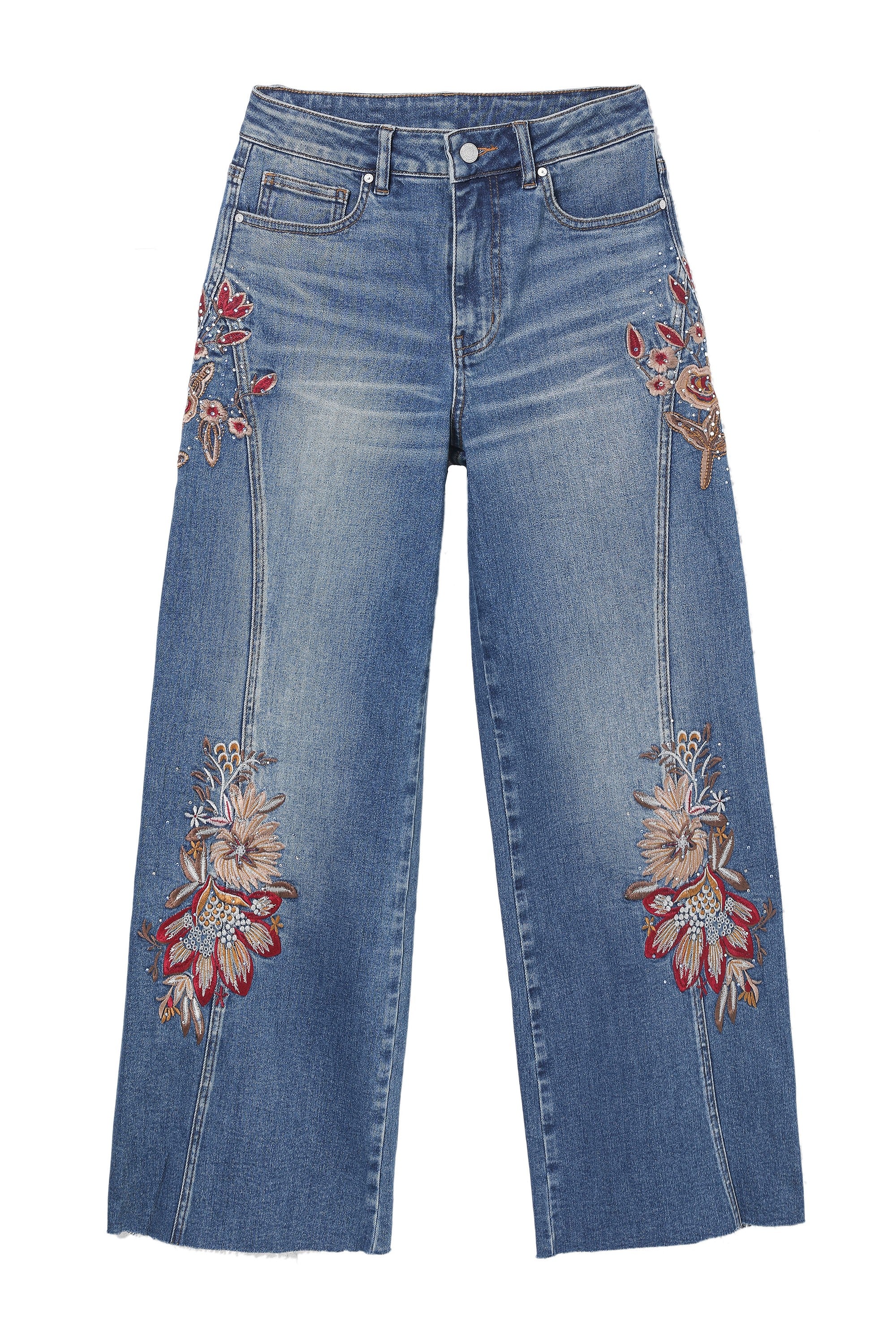 Bayeas High Rise Floral Embroidered Wide Leg Jeans in Medium Blue-Jeans-Bayeas-Deja Nu Boutique, Women's Fashion Boutique in Lampasas, Texas