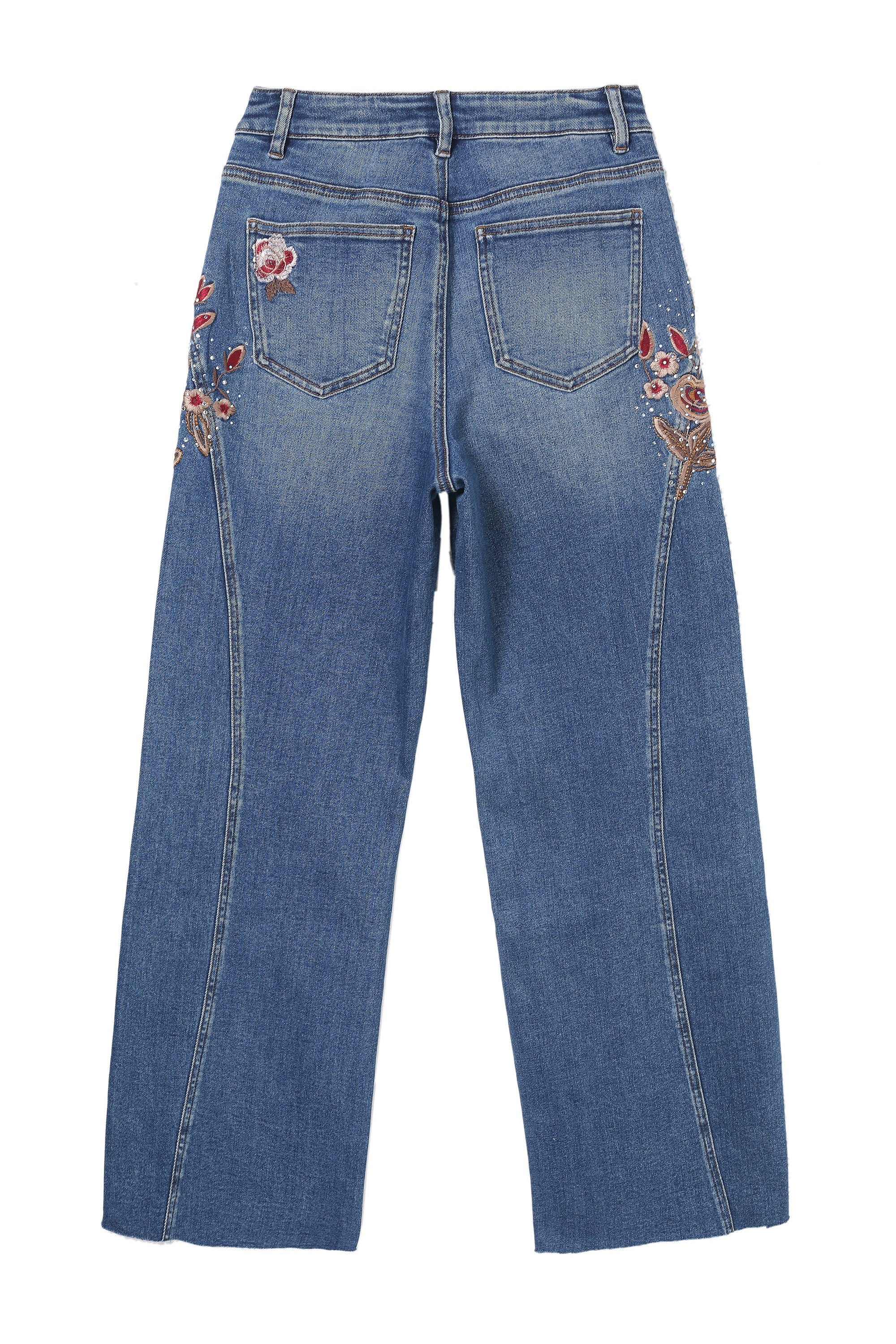 Bayeas High Rise Floral Embroidered Wide Leg Jeans in Medium Blue-Jeans-Bayeas-Deja Nu Boutique, Women's Fashion Boutique in Lampasas, Texas