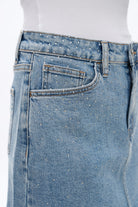 Bayeas Mid Rise Rhinestone Denim Mini Skirt In Blueberry-Skirts-Bayeas-Deja Nu Boutique, Women's Fashion Boutique in Lampasas, Texas