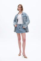 Bayeas Mid Rise Rhinestone Denim Mini Skirt In Blueberry-Skirts-Bayeas-Deja Nu Boutique, Women's Fashion Boutique in Lampasas, Texas