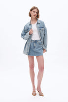 Bayeas Mid Rise Rhinestone Denim Mini Skirt In Blueberry-Skirts-Bayeas-Deja Nu Boutique, Women's Fashion Boutique in Lampasas, Texas