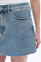 Bayeas Mid Rise Rhinestone Denim Mini Skirt In Blueberry-Skirts-Bayeas-Deja Nu Boutique, Women's Fashion Boutique in Lampasas, Texas