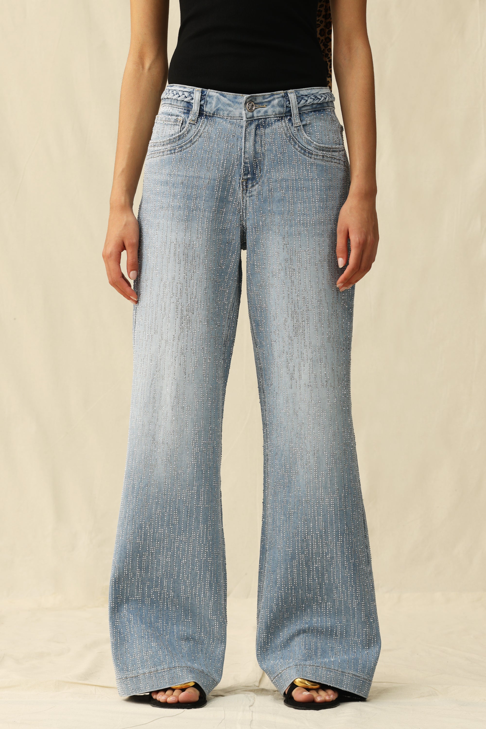 Bayeas Mid Rise Wide Leg Rhinestone Jeans-Jeans-Bayeas-Deja Nu Boutique, Women's Fashion Boutique in Lampasas, Texas