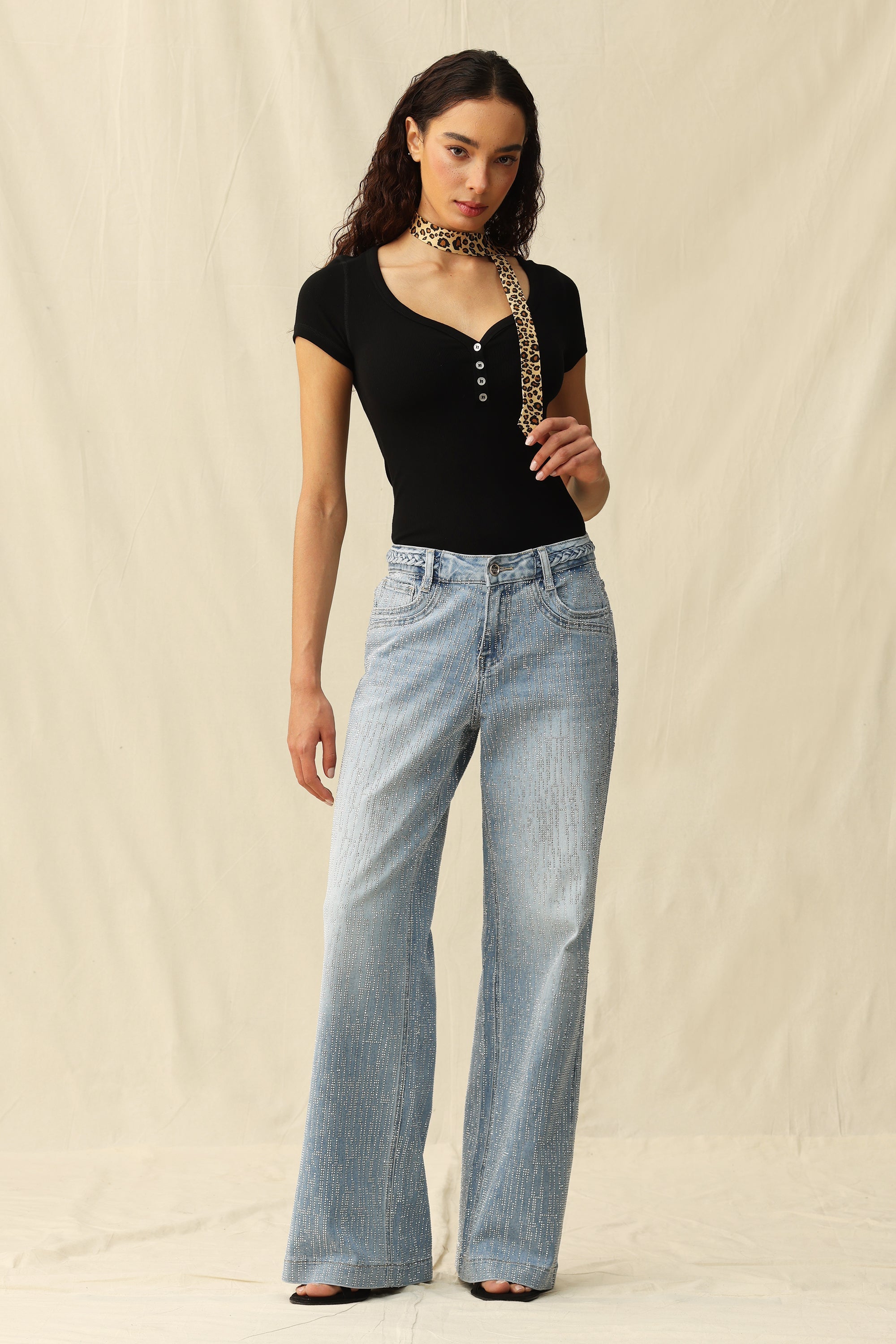 Bayeas Mid Rise Wide Leg Rhinestone Jeans-Jeans-Bayeas-Deja Nu Boutique, Women's Fashion Boutique in Lampasas, Texas