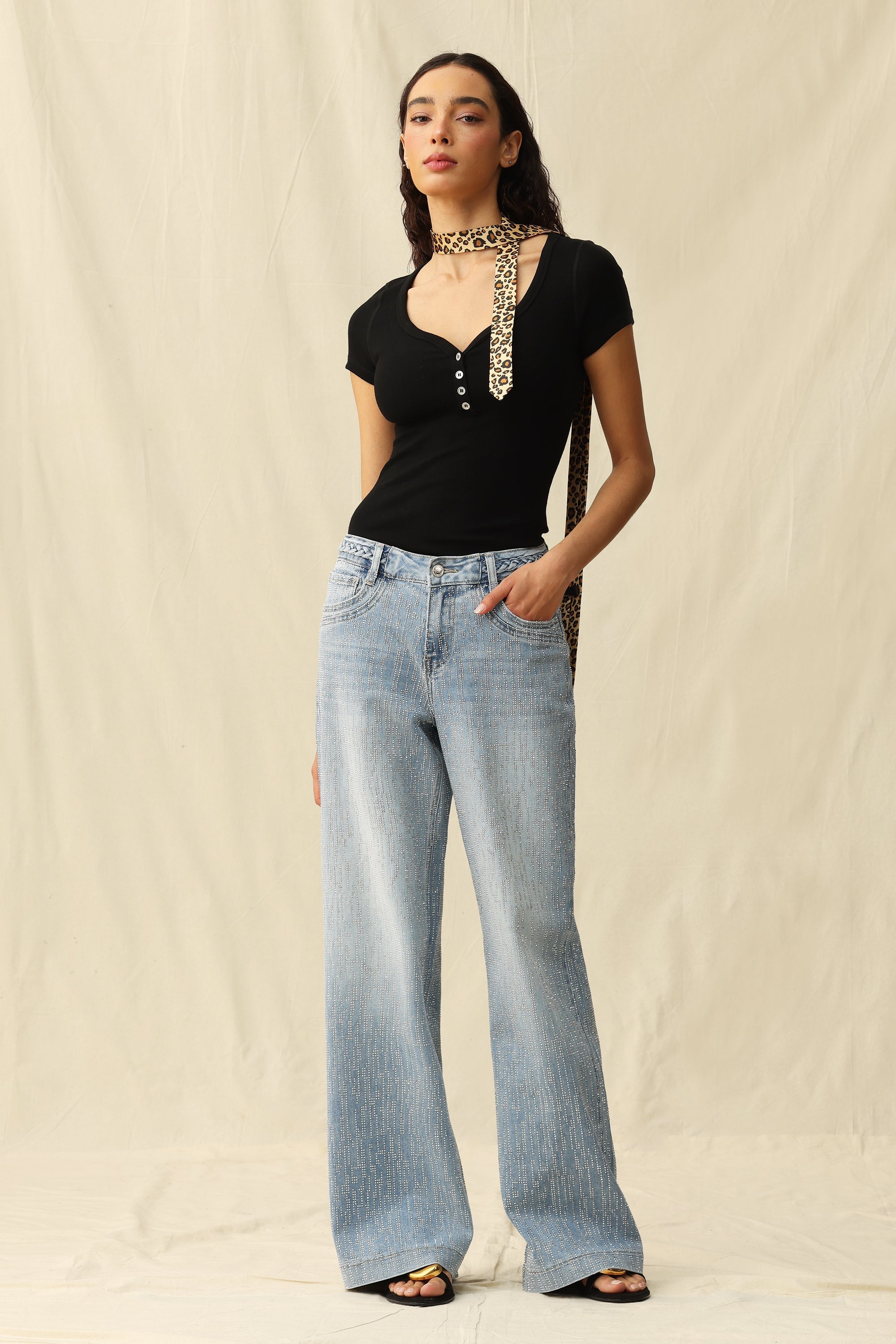 Bayeas Mid Rise Wide Leg Rhinestone Jeans-Jeans-Bayeas-Deja Nu Boutique, Women's Fashion Boutique in Lampasas, Texas