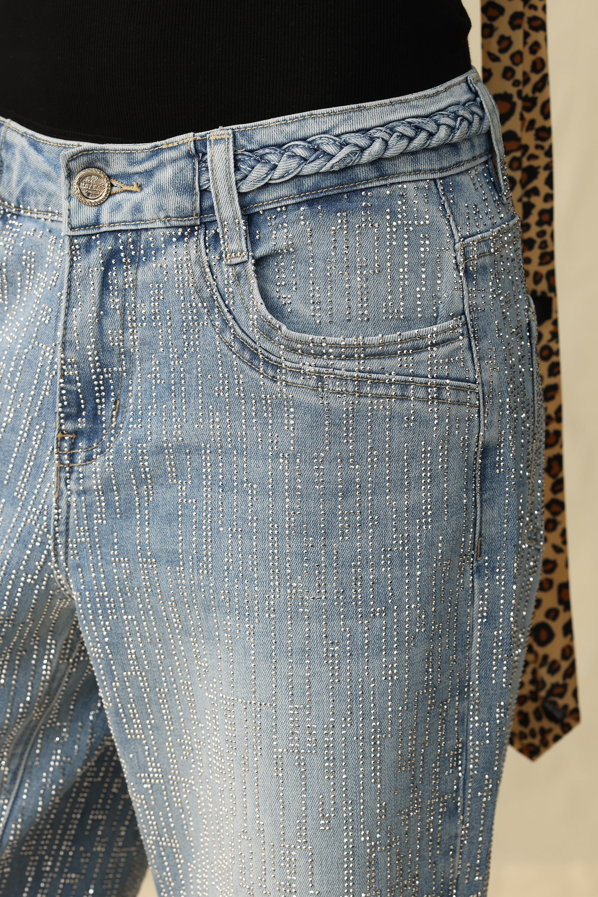 Bayeas Mid Rise Wide Leg Rhinestone Jeans-Jeans-Bayeas-Deja Nu Boutique, Women's Fashion Boutique in Lampasas, Texas