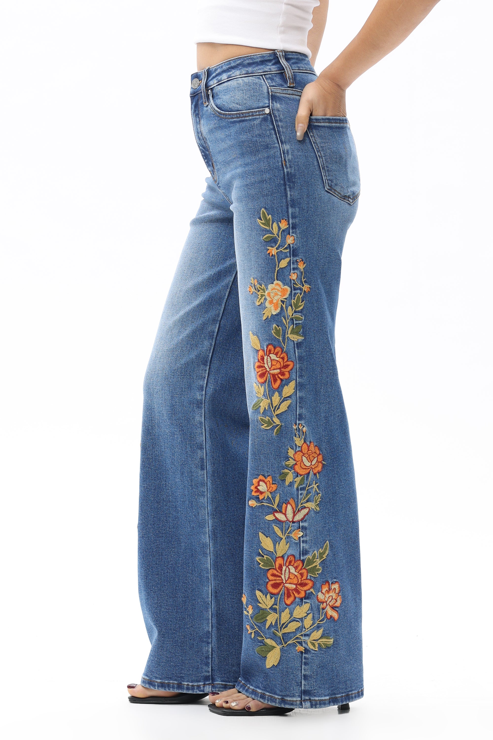 Bayeas New York Sunset Glow Embroidered Wide Leg Jeans-Jeans-Bayeas-Deja Nu Boutique, Women's Fashion Boutique in Lampasas, Texas