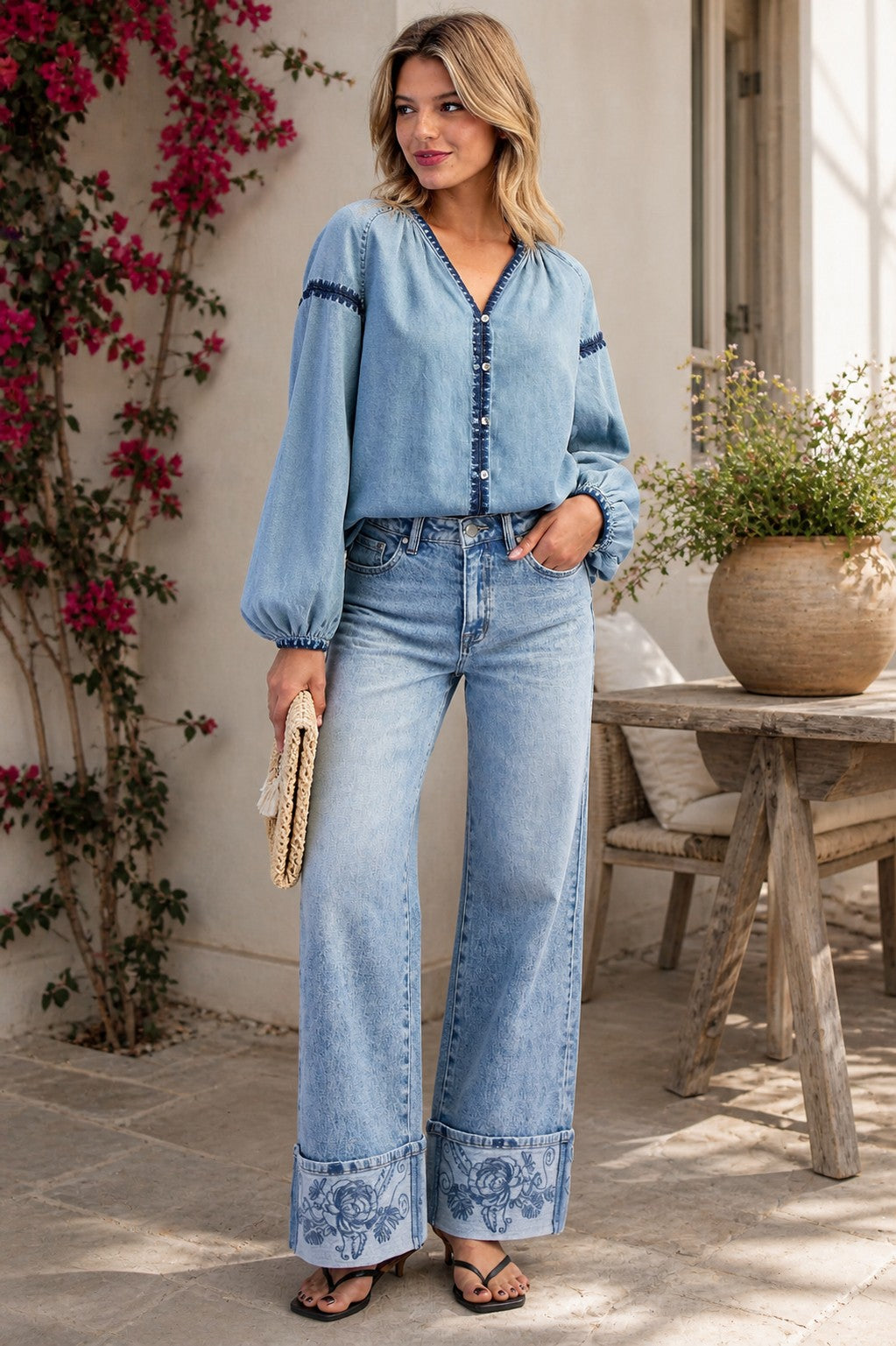 Bayeas Flora High Rise Wide Leg Embroidered Cuff Jeans-Jeans-Bayeas-Deja Nu Boutique, Women's Fashion Boutique in Lampasas, Texas
