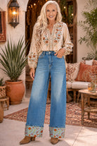 Bayeas High Rise Wide Leg Embroidered Cuff Jeans in Medium Blue-Jeans-Bayeas-Deja Nu Boutique, Women's Fashion Boutique in Lampasas, Texas