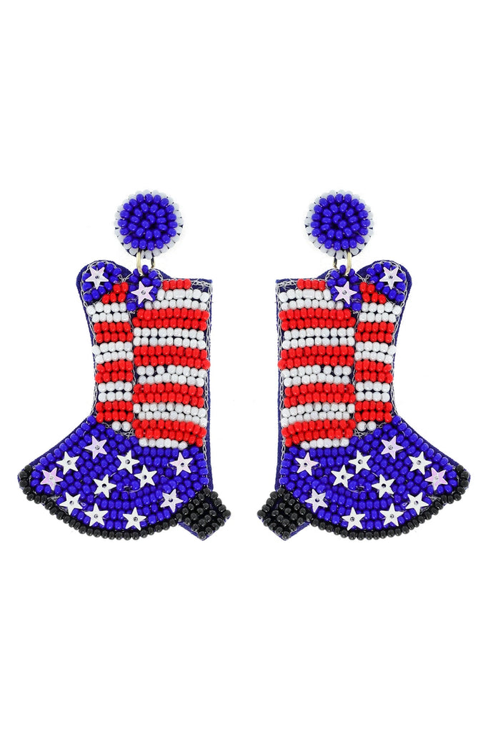 Beaded Patriotic Cowboy Boots Dangle Earrings-Earrings-Deja Nu Tx-Deja Nu Boutique, Women's Fashion Boutique in Lampasas, Texas