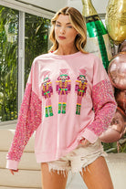 BiBi Sequin Nutcracker Top with Velvet Sequin Sleeves in Pink-Sweaters-BIBI-Deja Nu Boutique, Women's Fashion Boutique in Lampasas, Texas