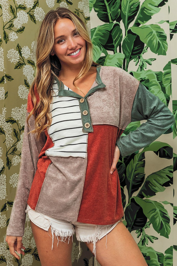 Bibi Loop Terry Color Block With Stripe Top In Mocha Rust And Olive-Long Sleeves-BIBI-Deja Nu Boutique, Women's Fashion Boutique in Lampasas, Texas