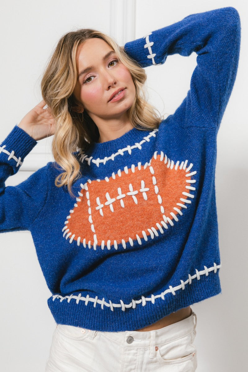 BIBI Stitch Outline Knit Football Pattern Sweater In Navy-Sweaters-BIBI-Deja Nu Boutique, Women's Fashion Boutique in Lampasas, Texas