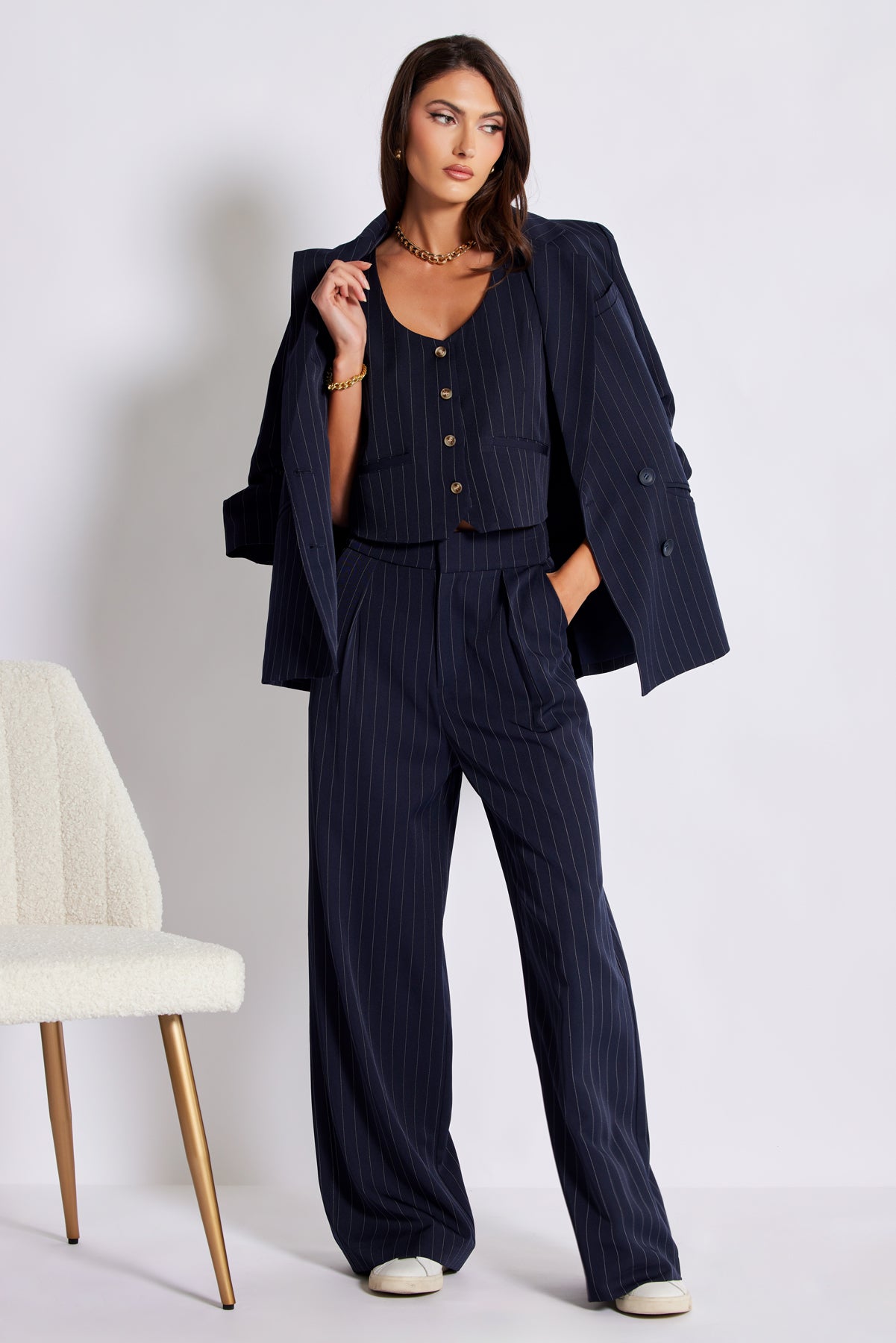 Bishop + Young Precious Moments Madison Ruched Sleeve Navy Pinstripe Blazer-Blazers-Bishop And Young-Deja Nu Boutique, Women's Fashion Boutique in Lampasas, Texas