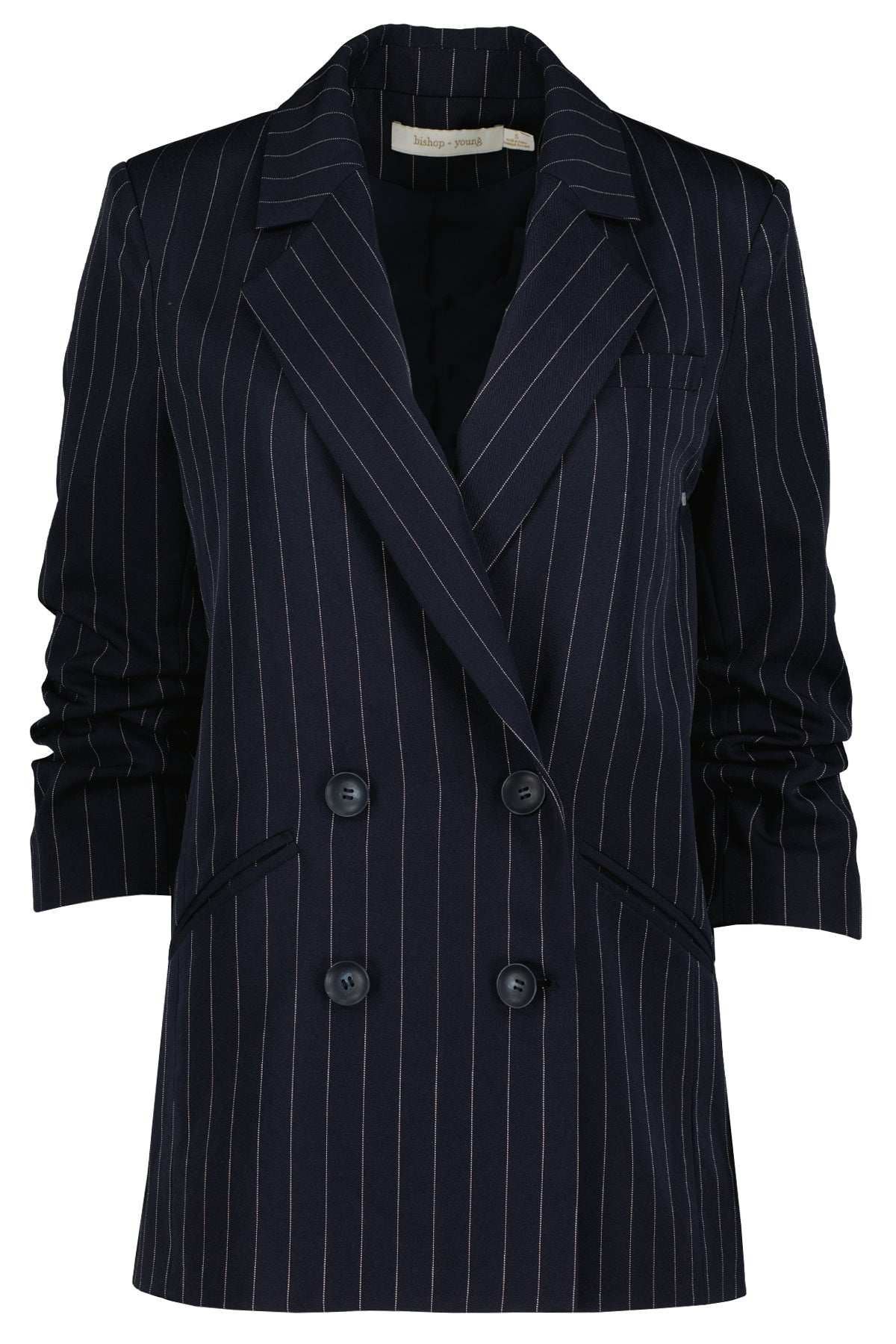 Bishop + Young Precious Moments Madison Ruched Sleeve Navy Pinstripe Blazer-Blazers-Bishop And Young-Deja Nu Boutique, Women's Fashion Boutique in Lampasas, Texas