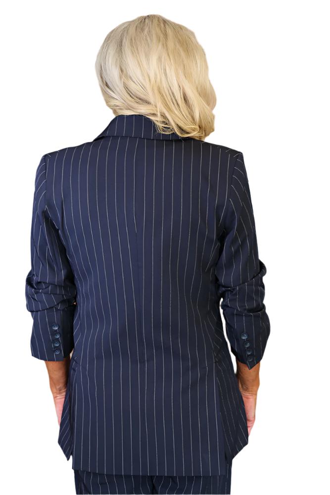 Bishop + Young Precious Moments Madison Ruched Sleeve Navy Pinstripe Blazer-Blazers-Bishop And Young-Deja Nu Boutique, Women's Fashion Boutique in Lampasas, Texas