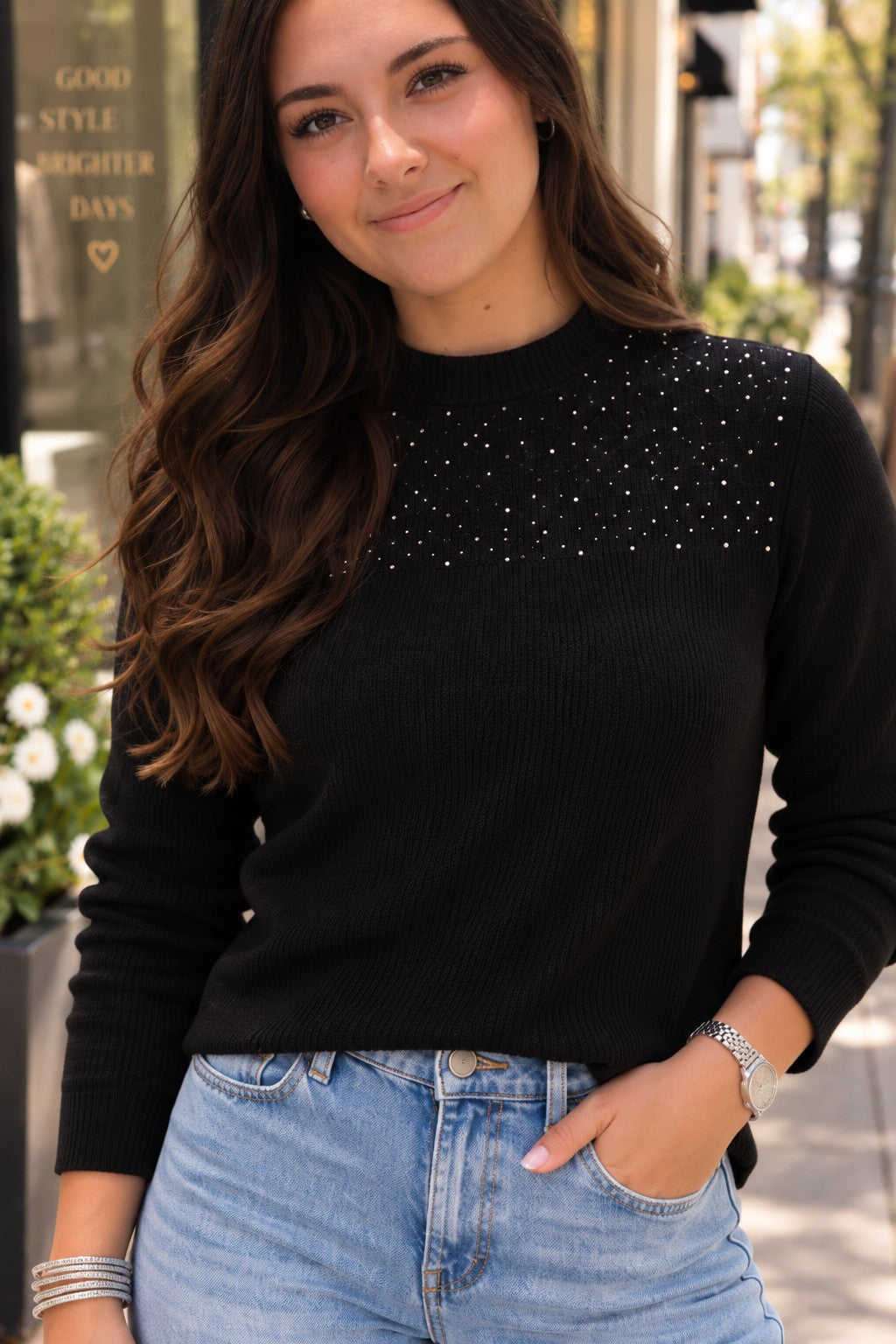 Molly Bracken Black Rhinestone Mock Neck Sweater-Sweaters-Molly Bracken-Deja Nu Boutique, Women's Fashion Boutique in Lampasas, Texas