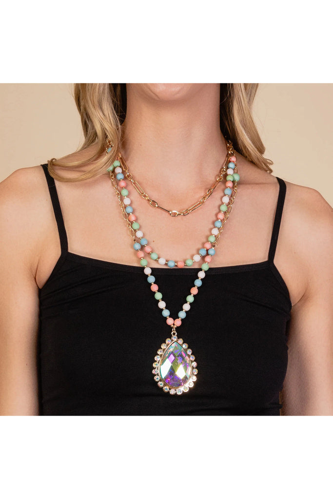 Bling It Out Multi Color Layered Necklace With Teardrop AB Pendant-Necklaces-Deja Nu-Deja Nu Boutique, Women's Fashion Boutique in Lampasas, Texas