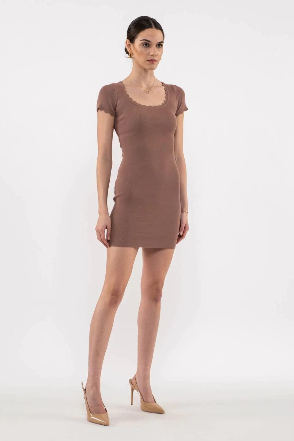 Blu Pepper Scallop Edge Knit Mini Dress In Mocha-Dresses-Blu Pepper-Deja Nu Boutique, Women's Fashion Boutique in Lampasas, Texas