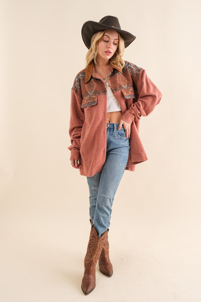 Blue B Brush Aztec Suede Collared Shirt Jacket In Rust-Jackets-Blue B-Deja Nu Boutique, Women's Fashion Boutique in Lampasas, Texas