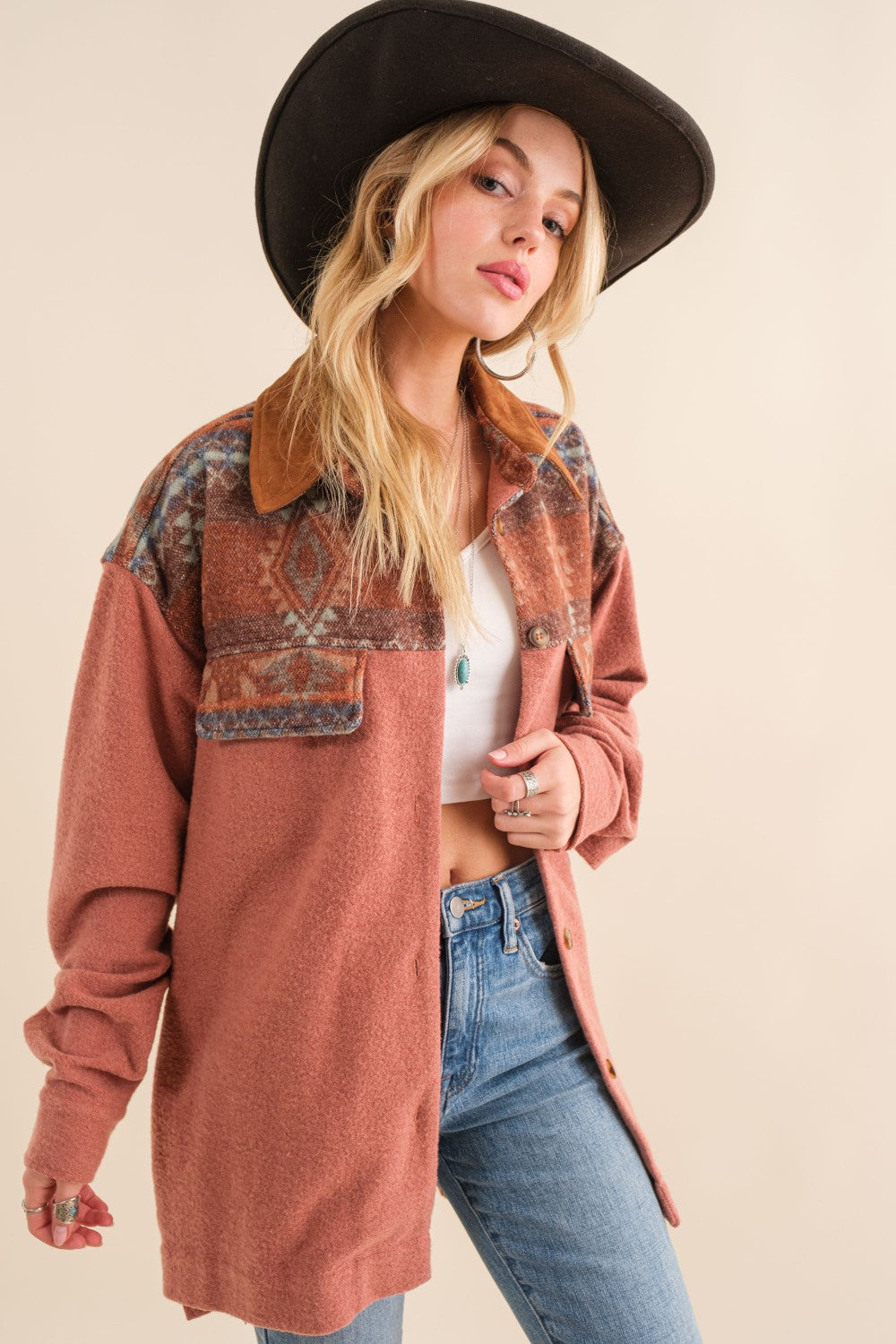 Blue B Brush Aztec Suede Collared Shirt Jacket In Rust-Jackets-Blue B-Deja Nu Boutique, Women's Fashion Boutique in Lampasas, Texas