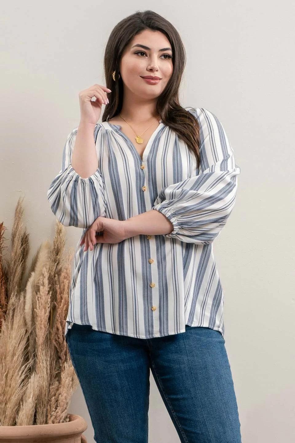 Blu pepper Navy Striped Three Fourth Sleeve Top Plus-Curvy/Plus Tops-Blu Pepper-Deja Nu Boutique, Women's Fashion Boutique in Lampasas, Texas