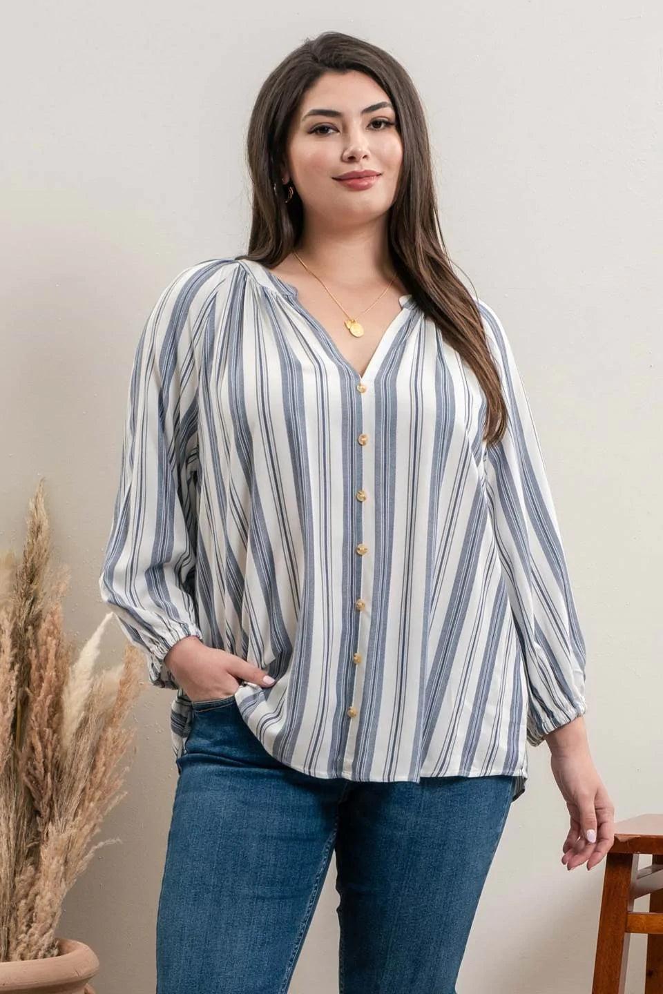 Blu pepper Navy Striped Three Fourth Sleeve Top Plus-Curvy/Plus Tops-Blu Pepper-Deja Nu Boutique, Women's Fashion Boutique in Lampasas, Texas
