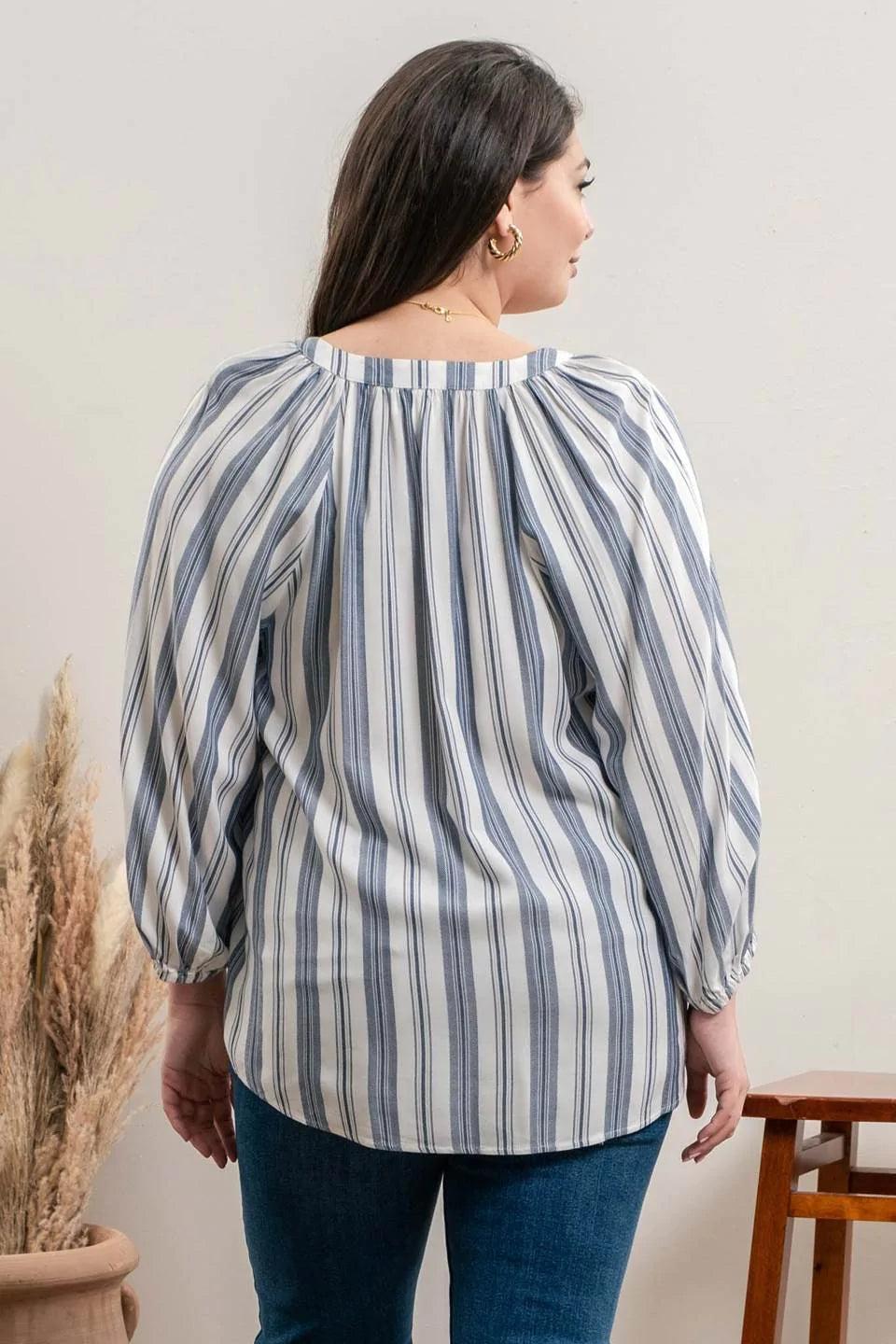 Blu pepper Navy Striped Three Fourth Sleeve Top Plus-Curvy/Plus Tops-Blu Pepper-Deja Nu Boutique, Women's Fashion Boutique in Lampasas, Texas
