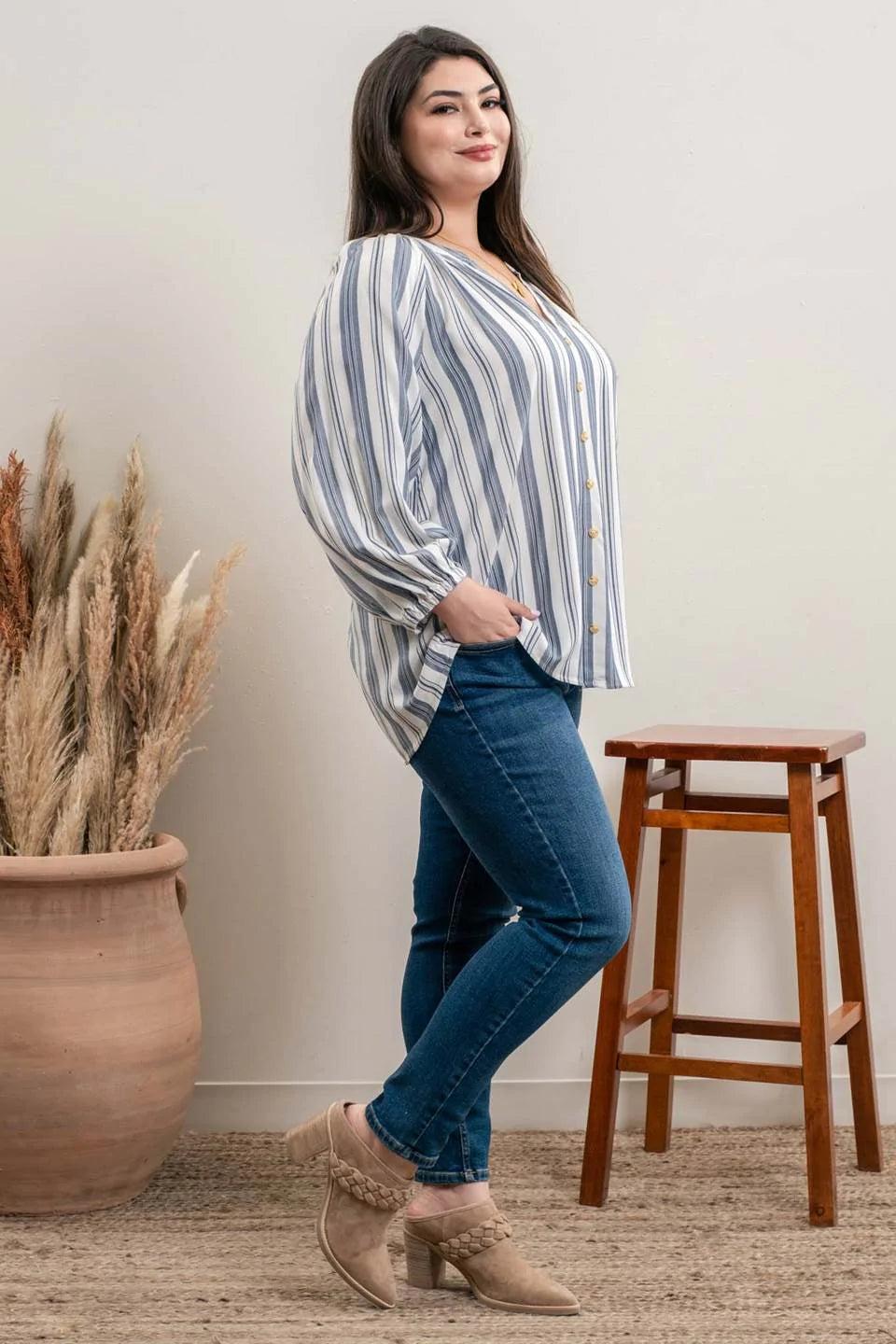 Blu pepper Navy Striped Three Fourth Sleeve Top Plus-Curvy/Plus Tops-Blu Pepper-Deja Nu Boutique, Women's Fashion Boutique in Lampasas, Texas