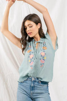 Blu pepper Neck Tie Embroidered Top In Dusty Mint-Tops-Blu Pepper-Deja Nu Boutique, Women's Fashion Boutique in Lampasas, Texas