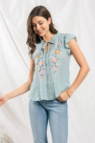 Blu pepper Neck Tie Embroidered Top In Dusty Mint-Tops-Blu Pepper-Deja Nu Boutique, Women's Fashion Boutique in Lampasas, Texas