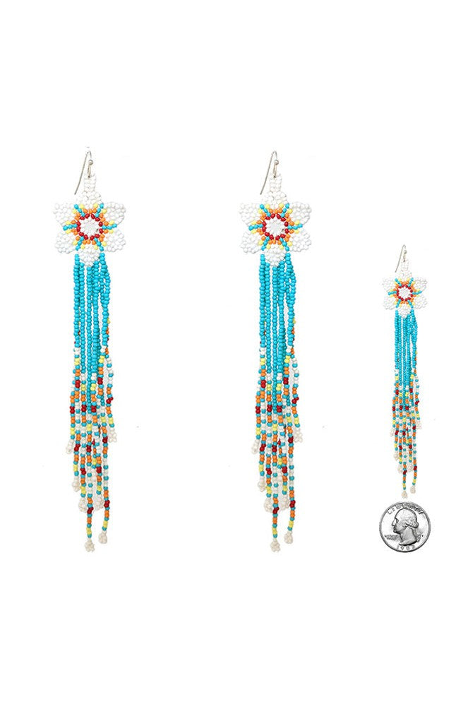 Bohemian Bliss Turquoise Dreams Flower &amp; Long Fringe Tassel Seed Bead Earrings-Earrings-Deja Nu-Deja Nu Boutique, Women's Fashion Boutique in Lampasas, Texas