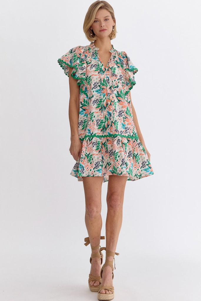 Breezy Blooms: Entro Leaf Print V-Neck Mini Dress With Rick Rack Trimming And Playful Ruffles-Short Dresses-Entro-Deja Nu Boutique, Women's Fashion Boutique in Lampasas, Texas