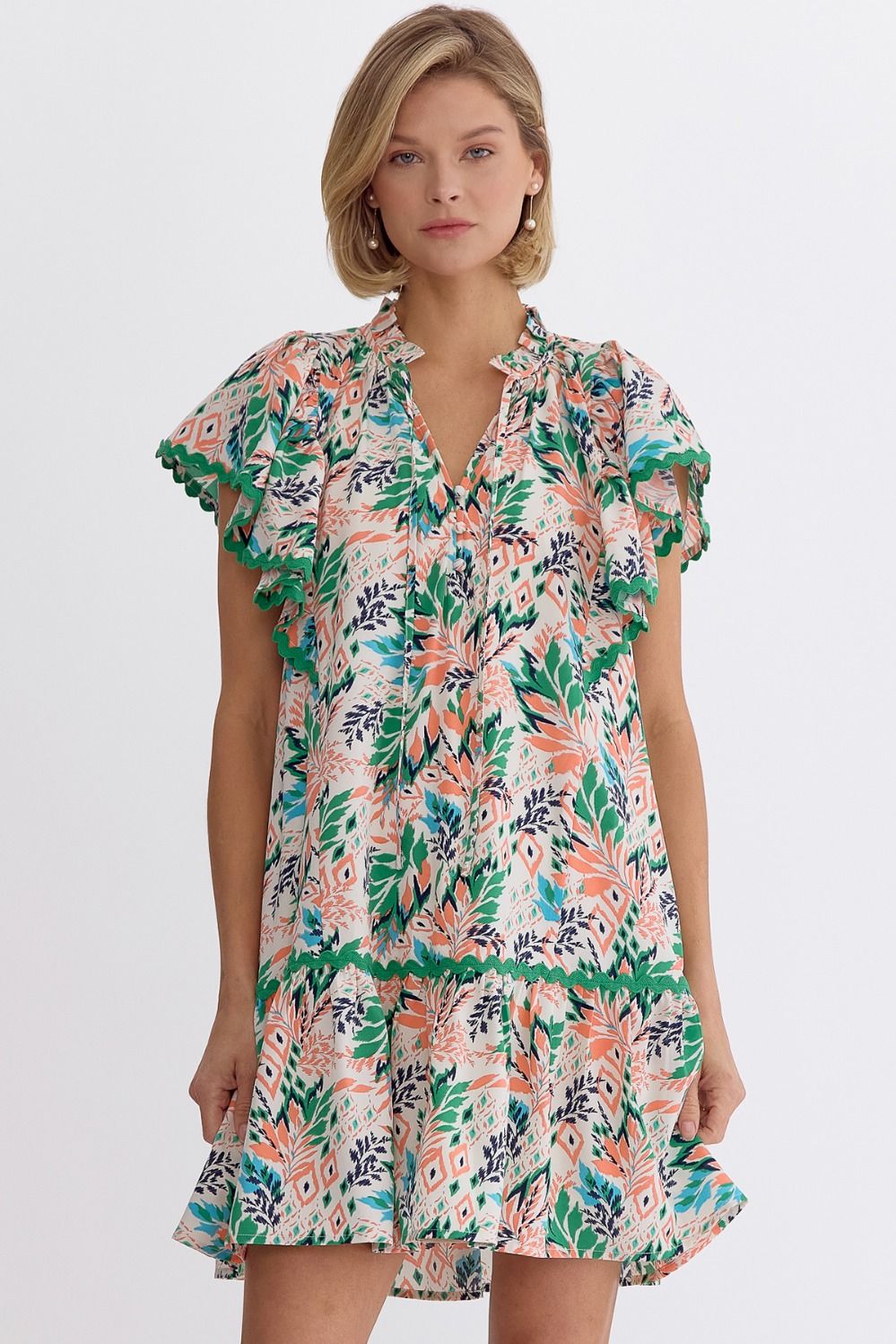 Breezy Blooms: Entro Leaf Print V-Neck Mini Dress With Rick Rack Trimming And Playful Ruffles-Short Dresses-Entro-Deja Nu Boutique, Women's Fashion Boutique in Lampasas, Texas