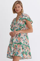 Breezy Blooms: Entro Leaf Print V-Neck Mini Dress With Rick Rack Trimming And Playful Ruffles-Short Dresses-Entro-Deja Nu Boutique, Women's Fashion Boutique in Lampasas, Texas