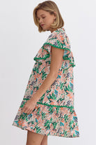 Breezy Blooms: Entro Leaf Print V-Neck Mini Dress With Rick Rack Trimming And Playful Ruffles-Short Dresses-Entro-Deja Nu Boutique, Women's Fashion Boutique in Lampasas, Texas