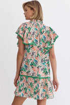 Breezy Blooms: Entro Leaf Print V-Neck Mini Dress With Rick Rack Trimming And Playful Ruffles-Short Dresses-Entro-Deja Nu Boutique, Women's Fashion Boutique in Lampasas, Texas