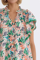 Breezy Blooms: Entro Leaf Print V-Neck Mini Dress With Rick Rack Trimming And Playful Ruffles-Short Dresses-Entro-Deja Nu Boutique, Women's Fashion Boutique in Lampasas, Texas