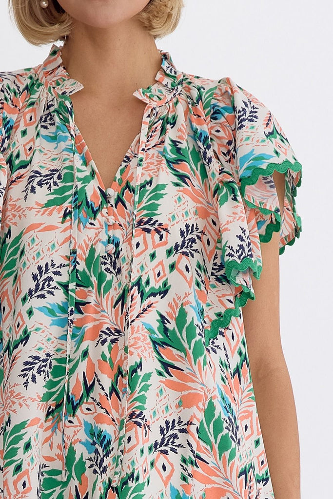 Breezy Blooms: Entro Leaf Print V-Neck Mini Dress With Rick Rack Trimming And Playful Ruffles-Short Dresses-Entro-Deja Nu Boutique, Women's Fashion Boutique in Lampasas, Texas