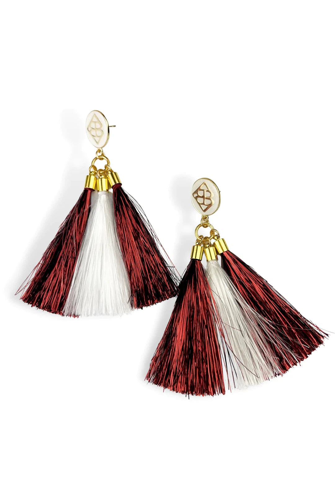 Brianna Cannon Maroon And White Metallic Jumbo Tassel Earrings-Earrings-Brianna Cannon-Deja Nu Boutique, Women's Fashion Boutique in Lampasas, Texas