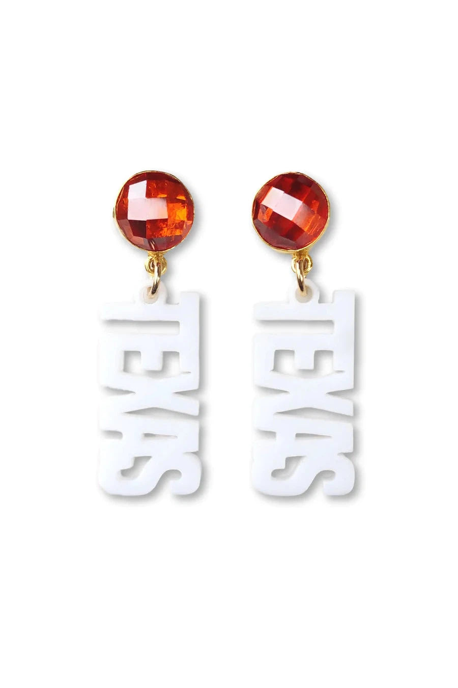 Brianna Cannon Mini Texas Proud White Acrylic "Texas" With Mandarin Garnet Gemstones-Earrings-Brianna Cannon-Deja Nu Boutique, Women's Fashion Boutique in Lampasas, Texas