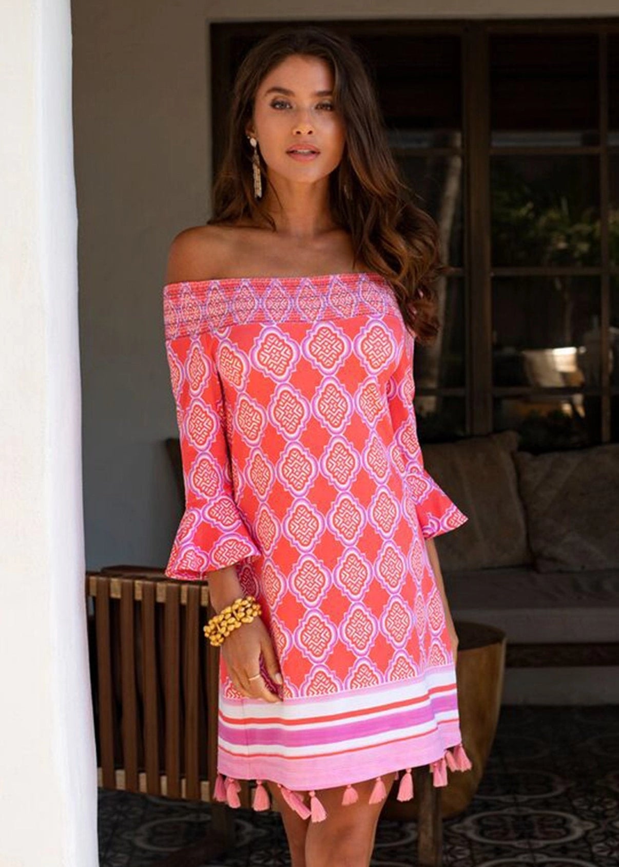 Cabana Life - Geo Off The Shoulder Dress - Coral Cabana Life - Geo Off The Shoulder Dress - Coral