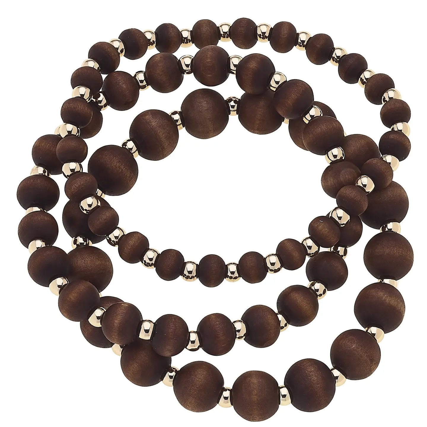 Canvas Style Aster Beaded Wood Stretch Bracelets Set of 3 in Brown with 18K Gold Plating-Bracelets-Canvas Style-Deja Nu Boutique, Women's Fashion Boutique in Lampasas, Texas