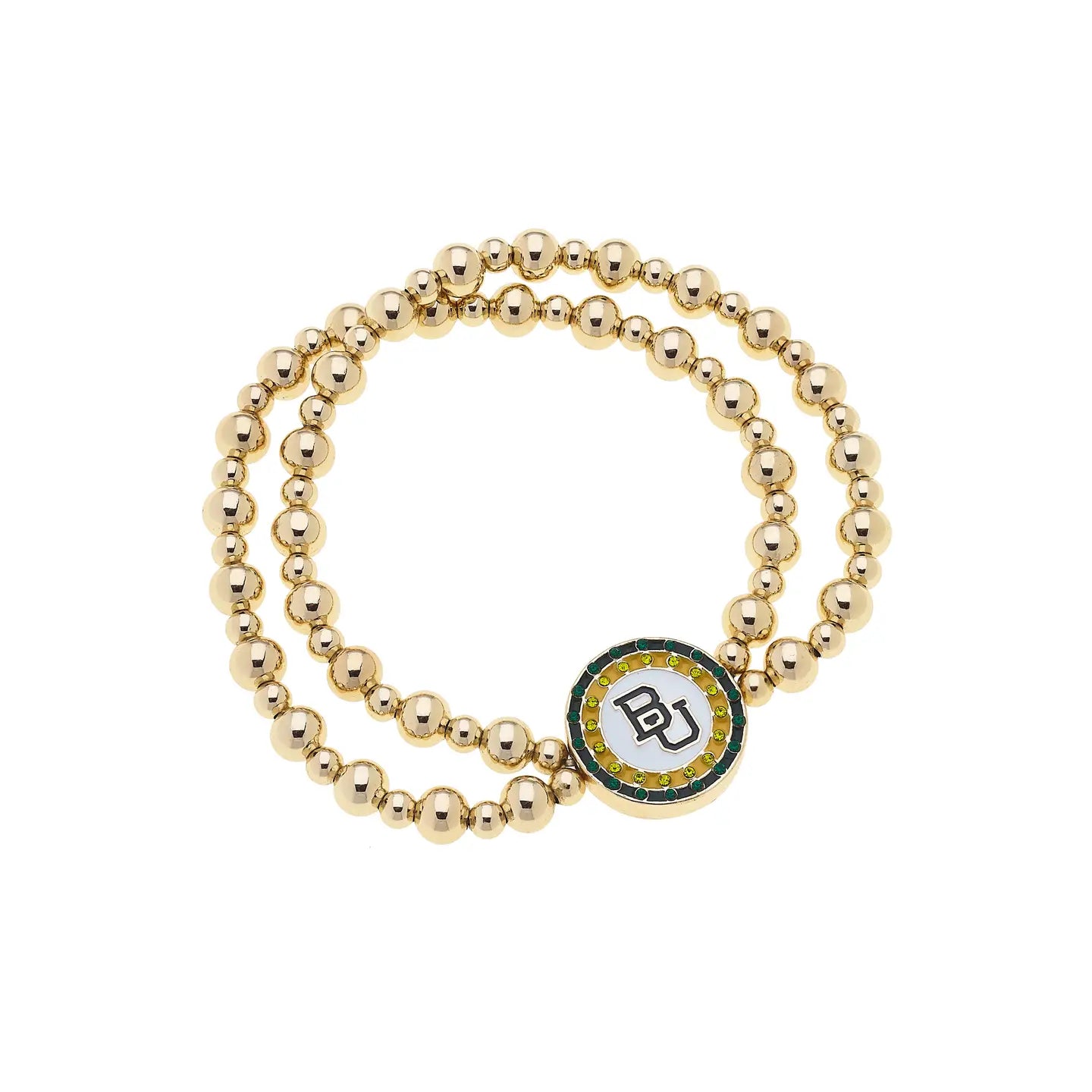 Canvas Style Baylor Bears Pave Disc 2 Row Ball Bead Stretch Bracelet in Shiny Gold-Bracelets-Canvas Style-Deja Nu Boutique, Women's Fashion Boutique in Lampasas, Texas