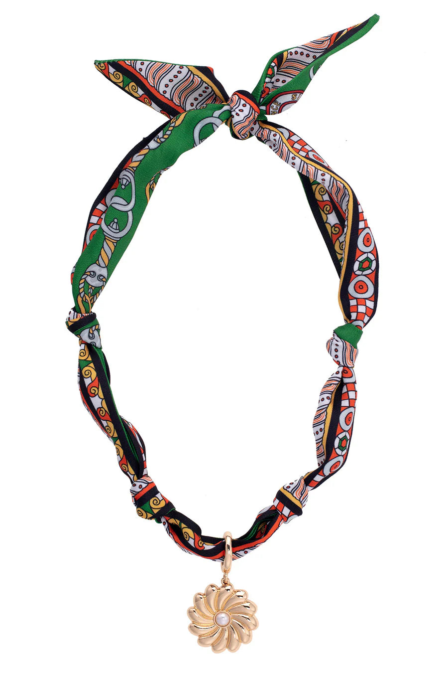 Canvas Style Gertrude Pearl Flower Scarf Necklace in Green/Black/Orange-Scarf Necklace-Canvas Style-Deja Nu Boutique, Women's Fashion Boutique in Lampasas, Texas